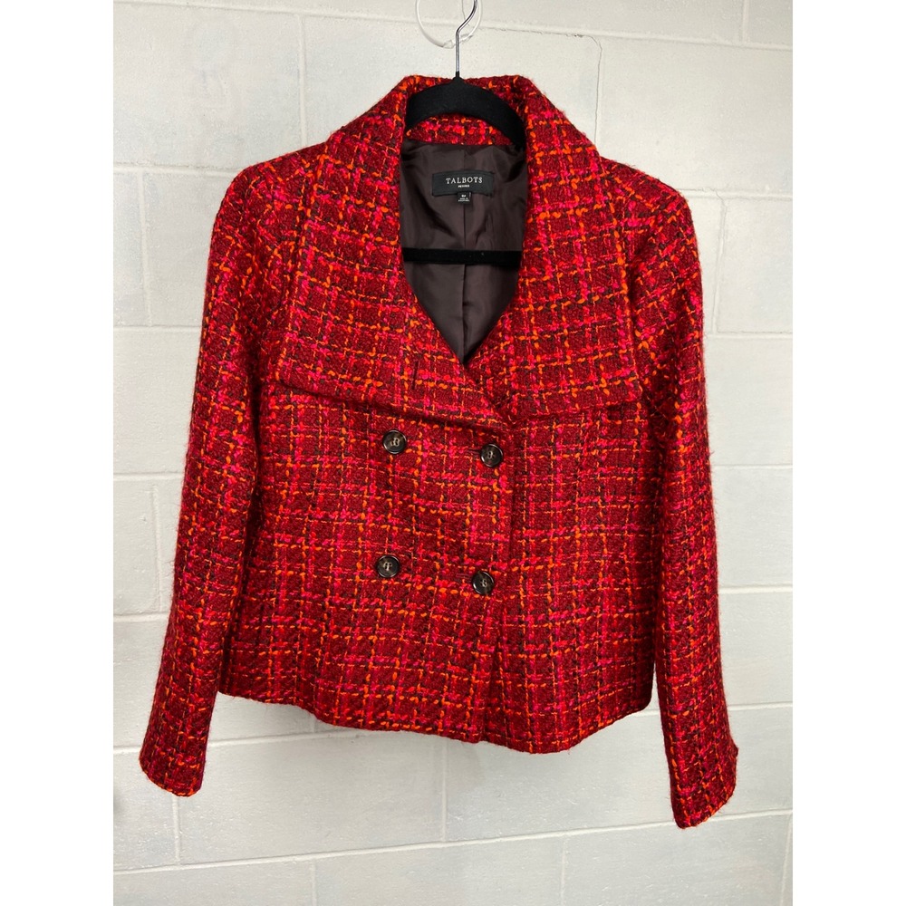 Talbots Tweed Blazer Jacket Double Breasted Red Black Pink Career‎ Party Size 8P
